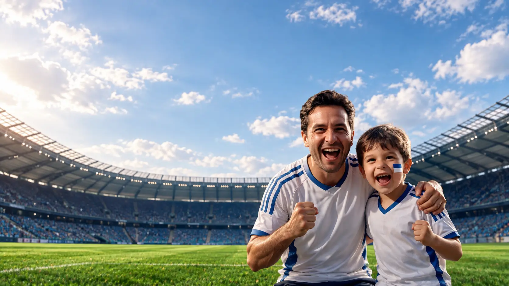 Padre e hijo celebrando en un estadio de fútbol